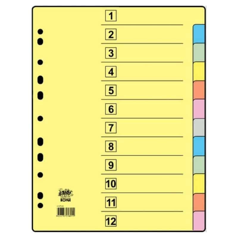 Separadores Coloridos em Cartolina A4, Secções 1-12, Roma