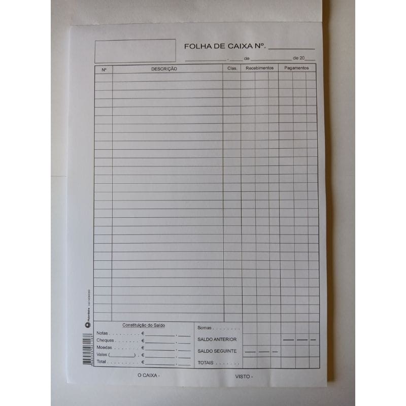 Folha de Caixa A4 - Bloco 50 Folhas para Registo de Movimentos