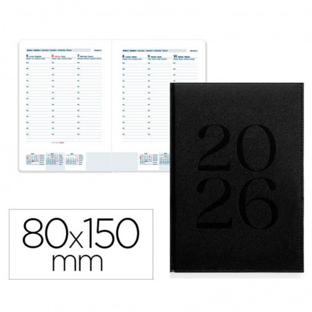 Agenda Semanal 2026 - Agenda Encadernada Preta 80x150mm - Liderpapel